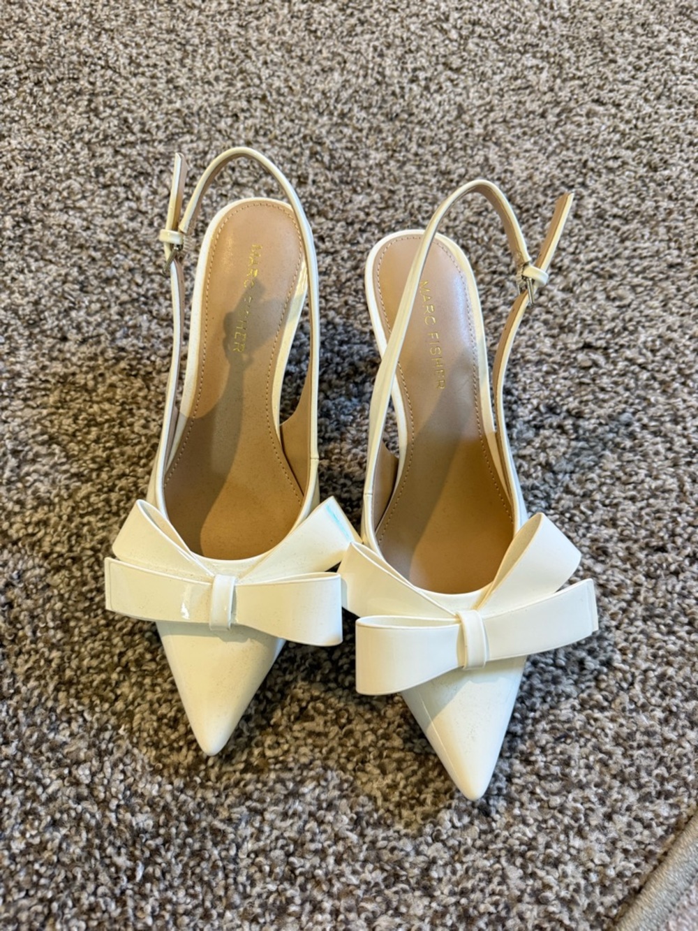 Marc Fisher Cream Patent Pointed-Toe Slingback Heels with Bow